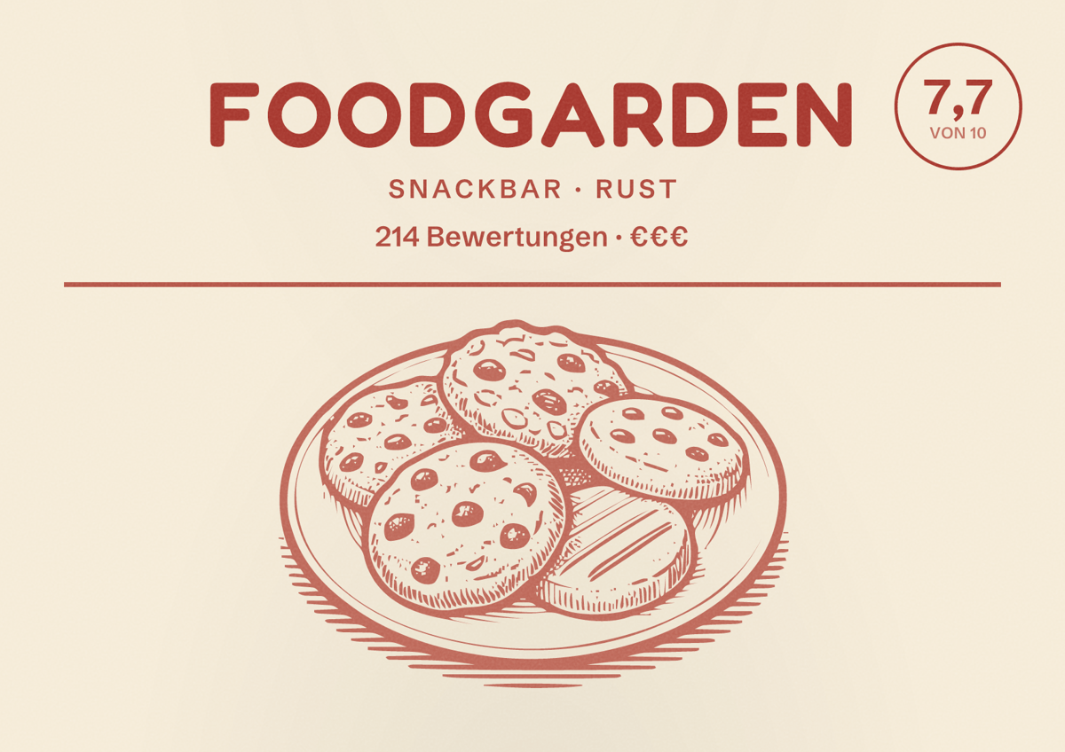 Illustriertes Poster von Foodgarden, Snackbar in Rust: Bewertung 7,7 von 10 aus 214 Bewertungen, Preisniveau €€€
