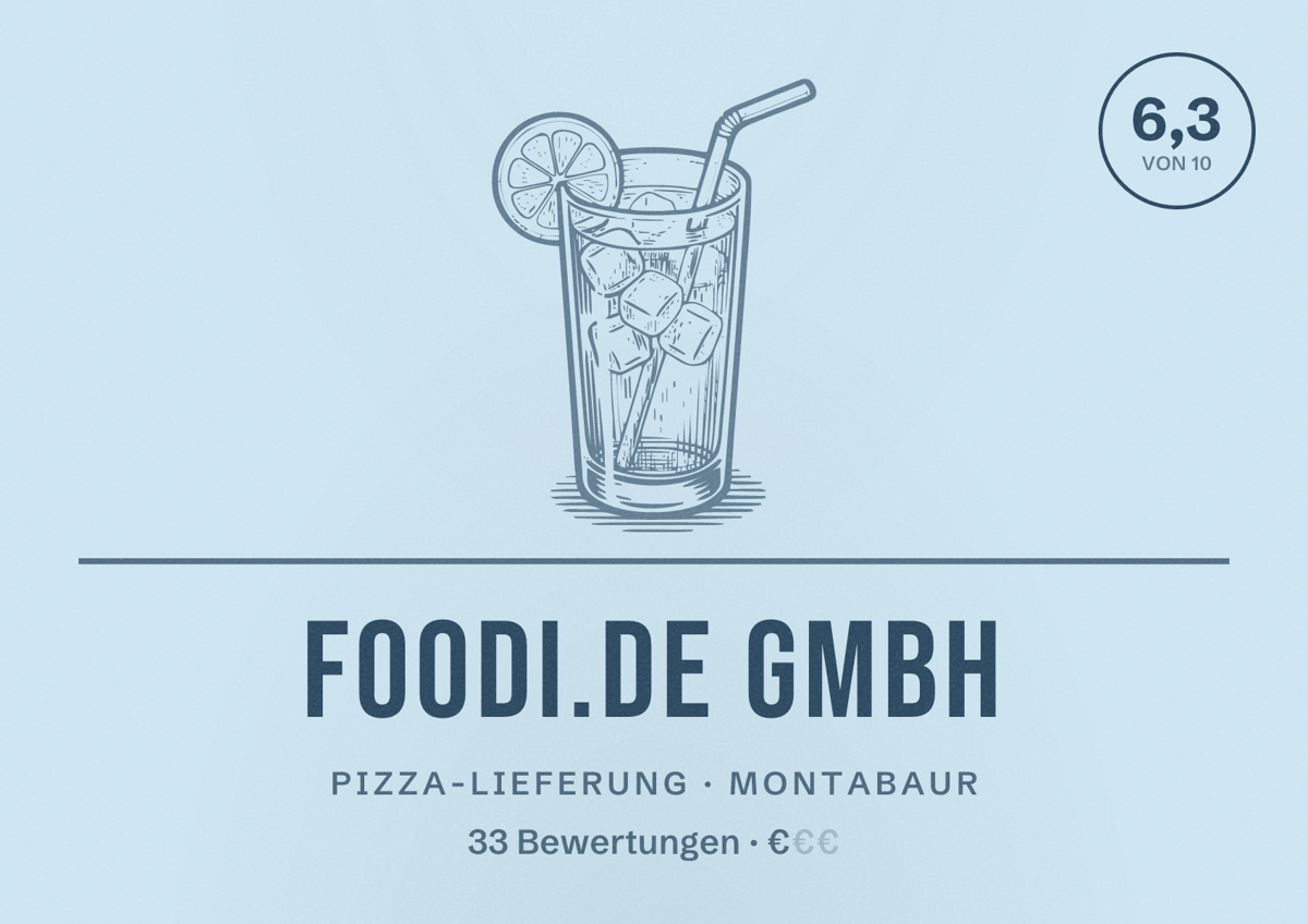 Illustriertes Poster von foodi.de GmbH, Pizza-Lieferung in Montabaur: Bewertung 6,3 von 10 aus 33 Bewertungen, Preisniveau €