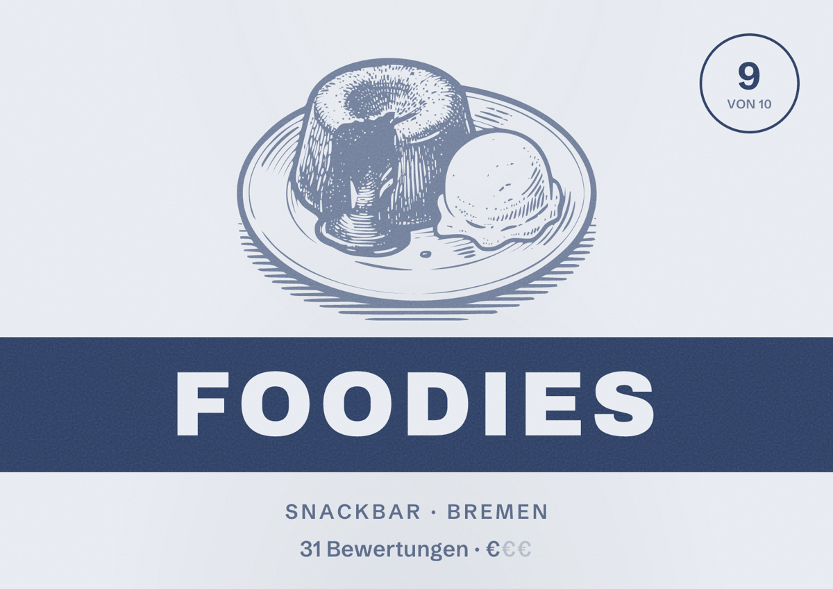Illustriertes Poster von Foodies, Snackbar in Bremen: Bewertung 9 von 10 aus 31 Bewertungen, Preisniveau €