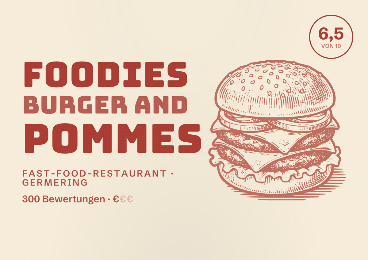 Illustriertes Poster von Foodies Burger and Pommes, Fast-Food-Restaurant in Germering: Bewertung 6,5 von 10 aus 300 Bewertungen, Preisniveau €