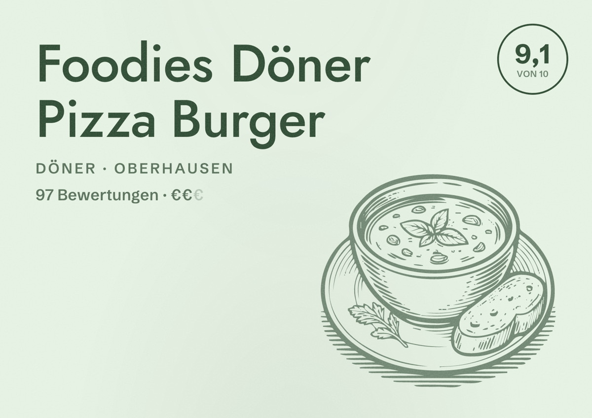Illustriertes Poster von Foodies Döner Pizza Burger, Döner in Oberhausen: Bewertung 9,1 von 10 aus 97 Bewertungen, Preisniveau €€
