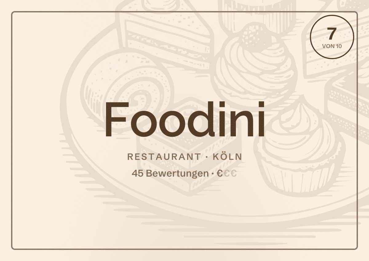 Illustriertes Poster von Foodini, Restaurant in Köln: Bewertung 7,0 von 10 aus 45 Bewertungen, Preisniveau €
