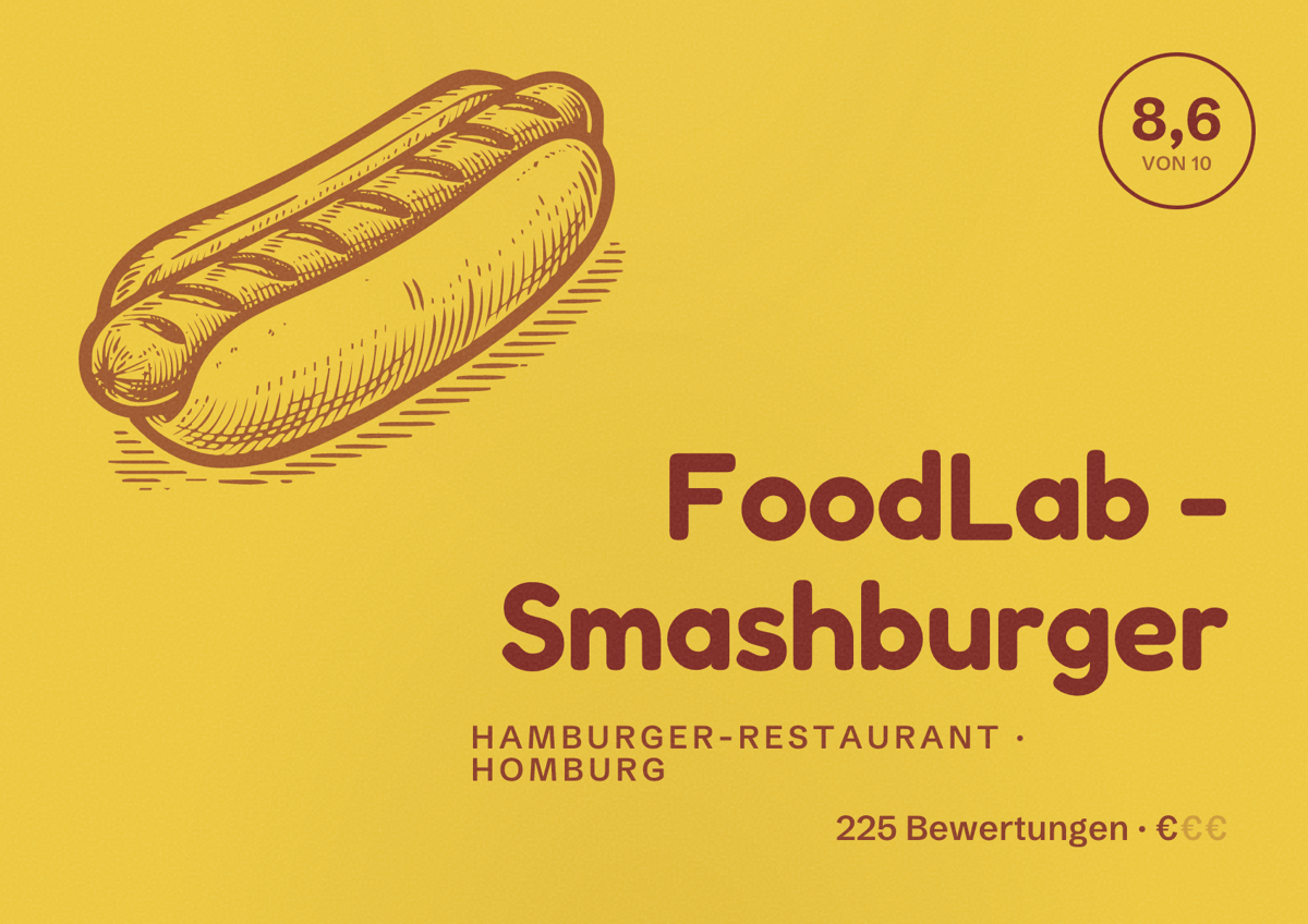 Illustriertes Poster von FoodLab - Smashburger, Hamburger-Restaurant in Homburg: Bewertung 8,6 von 10 aus 225 Bewertungen, Preisniveau €