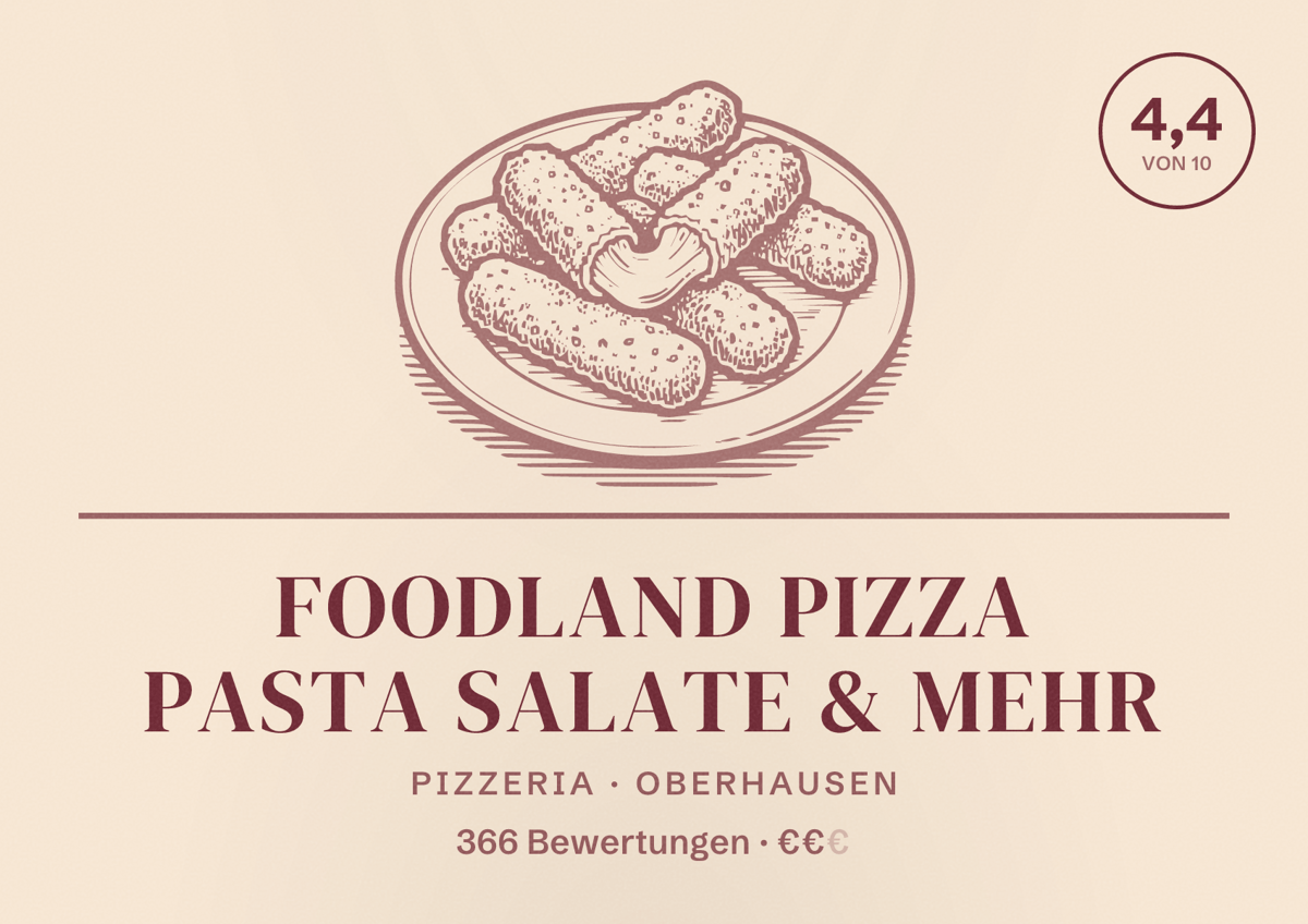 Illustriertes Poster von Foodland Pizza Pasta Salate & mehr, Pizzeria in Oberhausen: Bewertung 4,4 von 10 aus 366 Bewertungen, Preisniveau €€