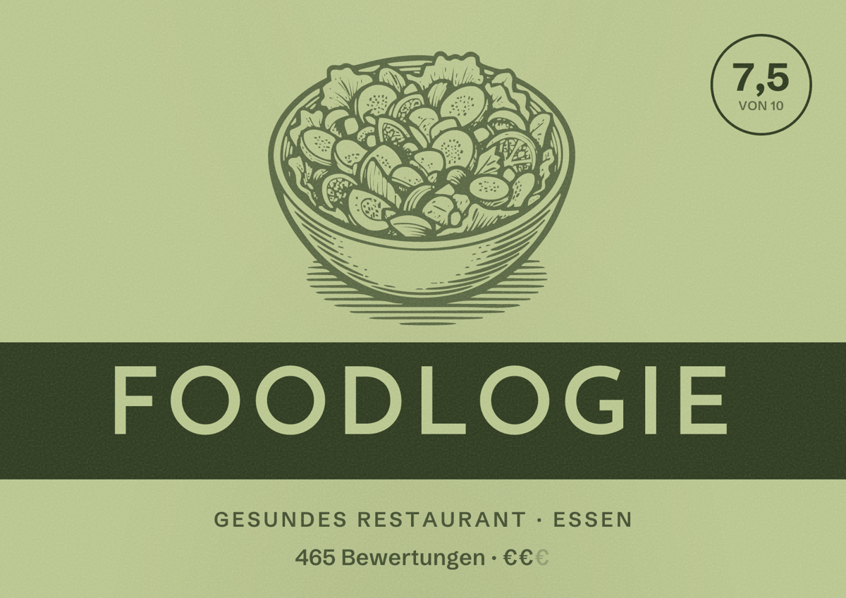 Illustriertes Poster von Foodlogie, Gesundes Restaurant in Essen: Bewertung 7,5 von 10 aus 465 Bewertungen, Preisniveau €€