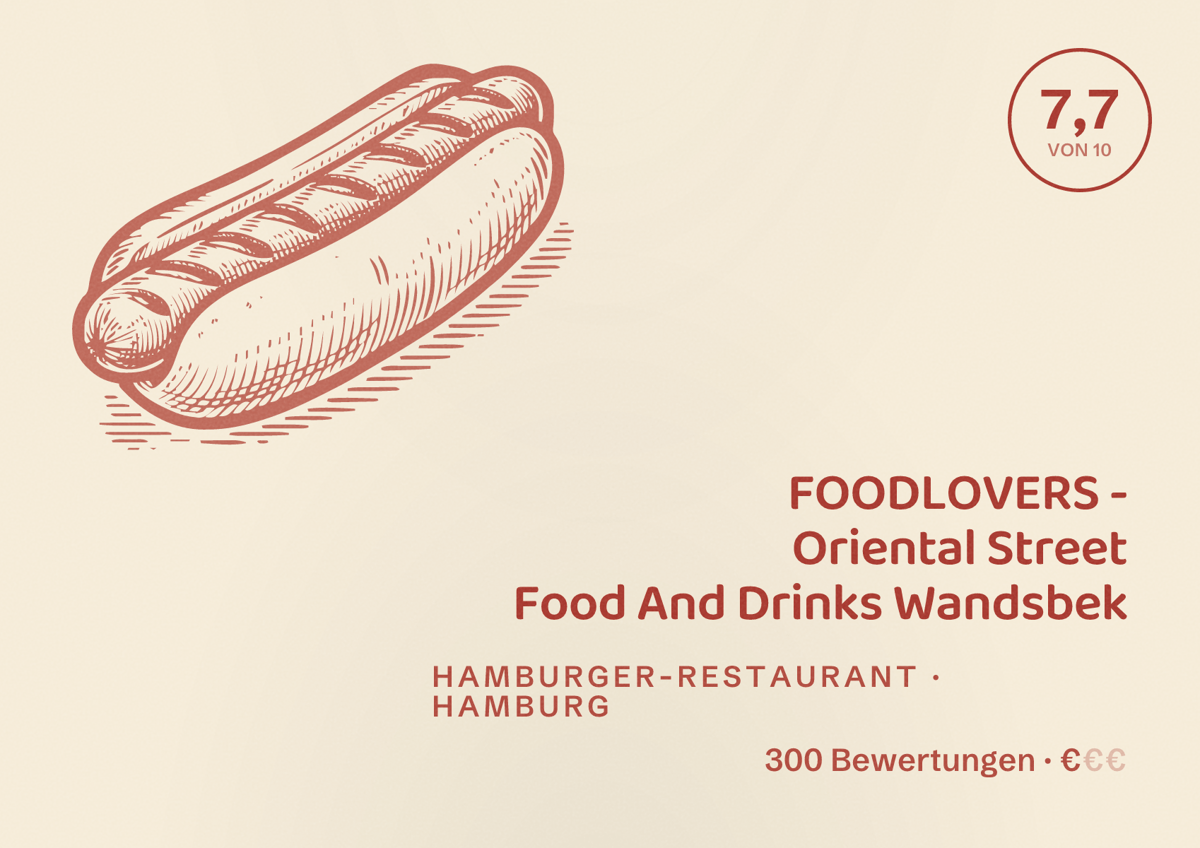 Illustriertes Poster von FOODLOVERS - Oriental Street Food And Drinks Wandsbek, Hamburger-Restaurant in Hamburg: Bewertung 7,7 von 10 aus 300 Bewertungen, Preisniveau €