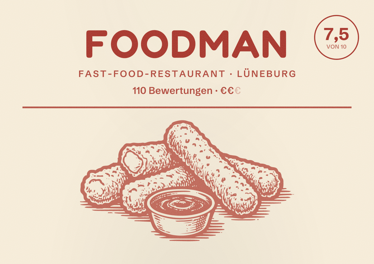 Illustriertes Poster von Foodman, Fast-Food-Restaurant in Lüneburg: Bewertung 7,5 von 10 aus 110 Bewertungen, Preisniveau €€