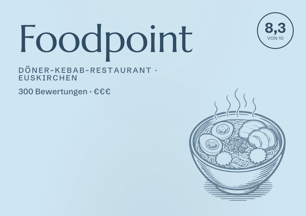 Illustriertes Poster von Foodpoint, Döner-Kebab-Restaurant in Euskirchen: Bewertung 8,3 von 10 aus 300 Bewertungen, Preisniveau €€€