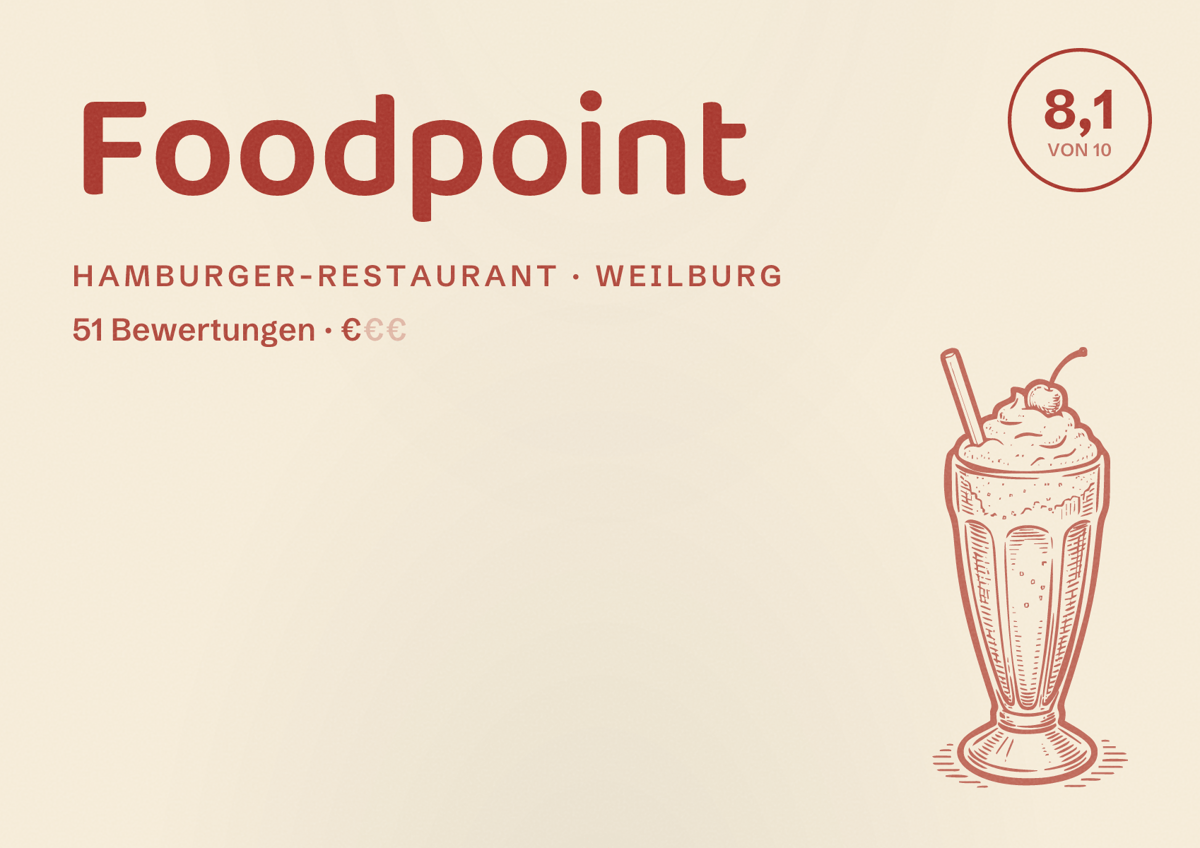 Illustriertes Poster von Foodpoint, Hamburger-Restaurant in Weilburg: Bewertung 8,1 von 10 aus 51 Bewertungen, Preisniveau €