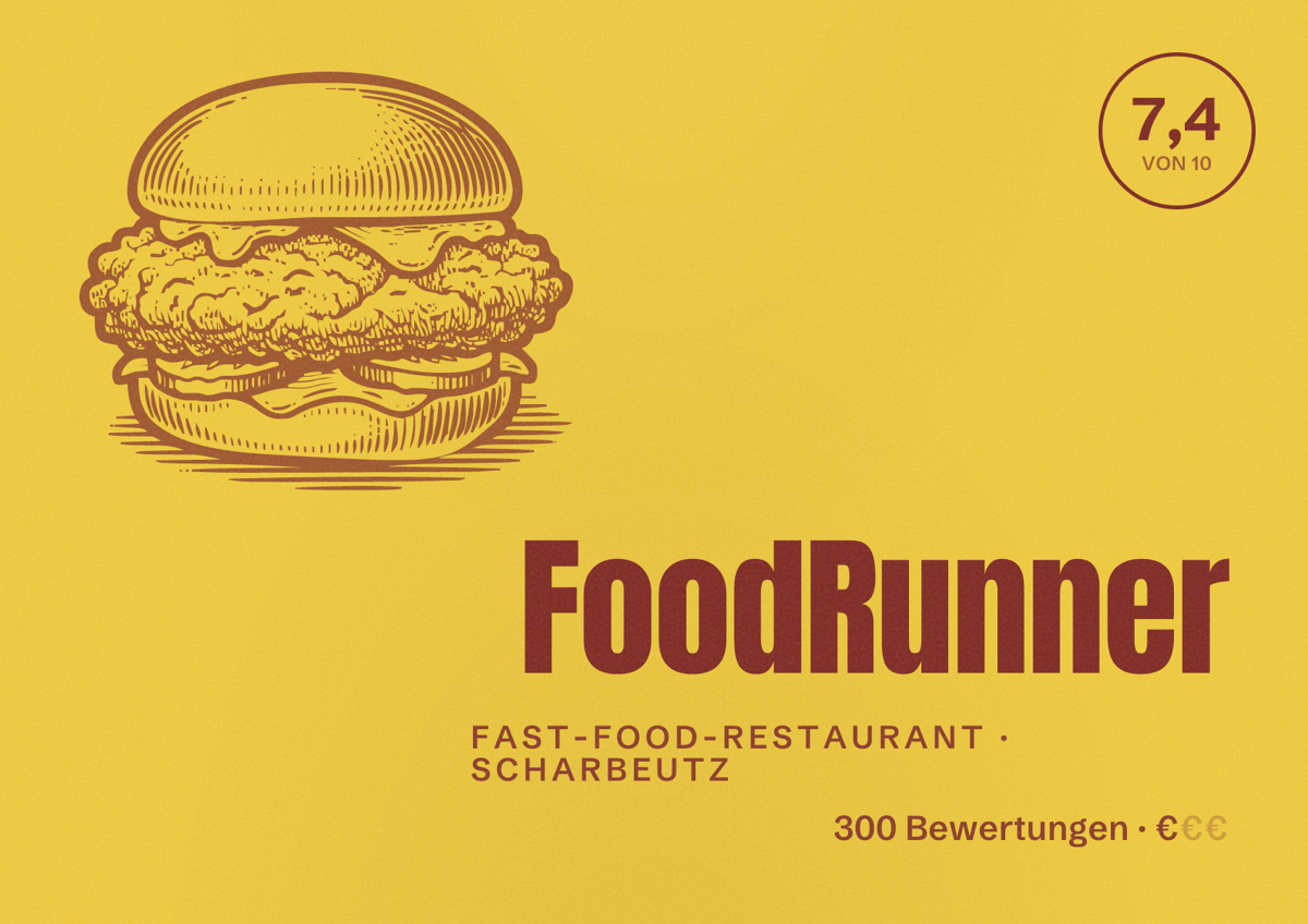 Illustriertes Poster von FoodRunner, Fast-Food-Restaurant in Scharbeutz: Bewertung 7,4 von 10 aus 300 Bewertungen, Preisniveau €