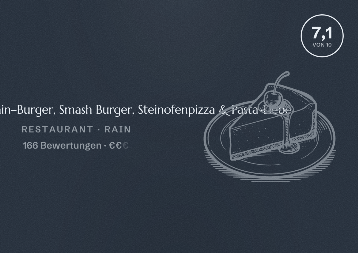 Illustriertes Poster von Foodstadl Rain–Burger, Smash Burger, Steinofenpizza & Pasta-Liebe, Restaurant in Rain: Bewertung 7,1 von 10 aus 166 Bewertungen, Preisniveau €€