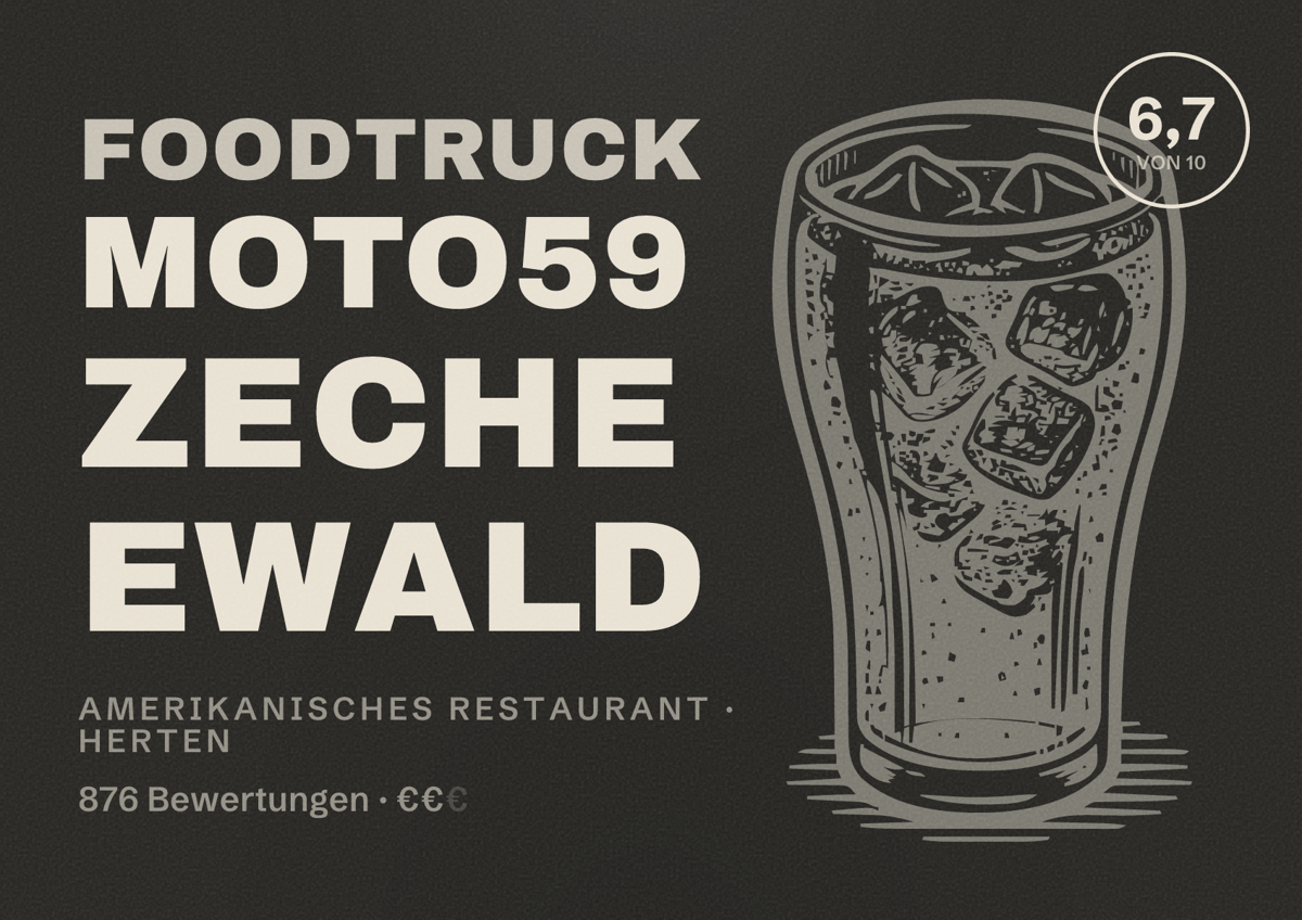Illustriertes Poster von Foodtruck Moto59 Zeche Ewald, Amerikanisches Restaurant in Herten: Bewertung 6,7 von 10 aus 876 Bewertungen, Preisniveau €€