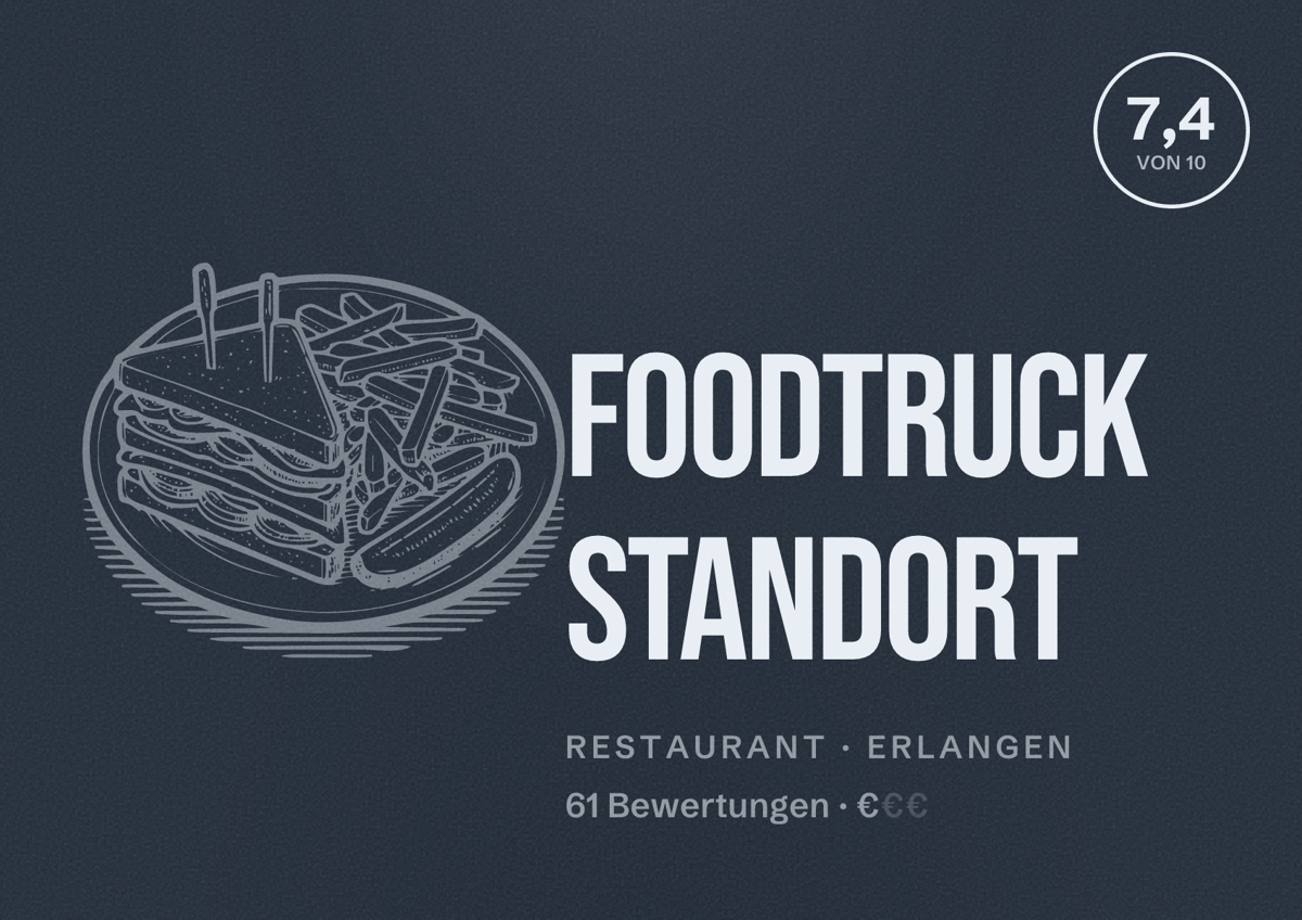 Illustriertes Poster von Foodtruck Standort, Restaurant in Erlangen: Bewertung 7,4 von 10 aus 61 Bewertungen, Preisniveau €