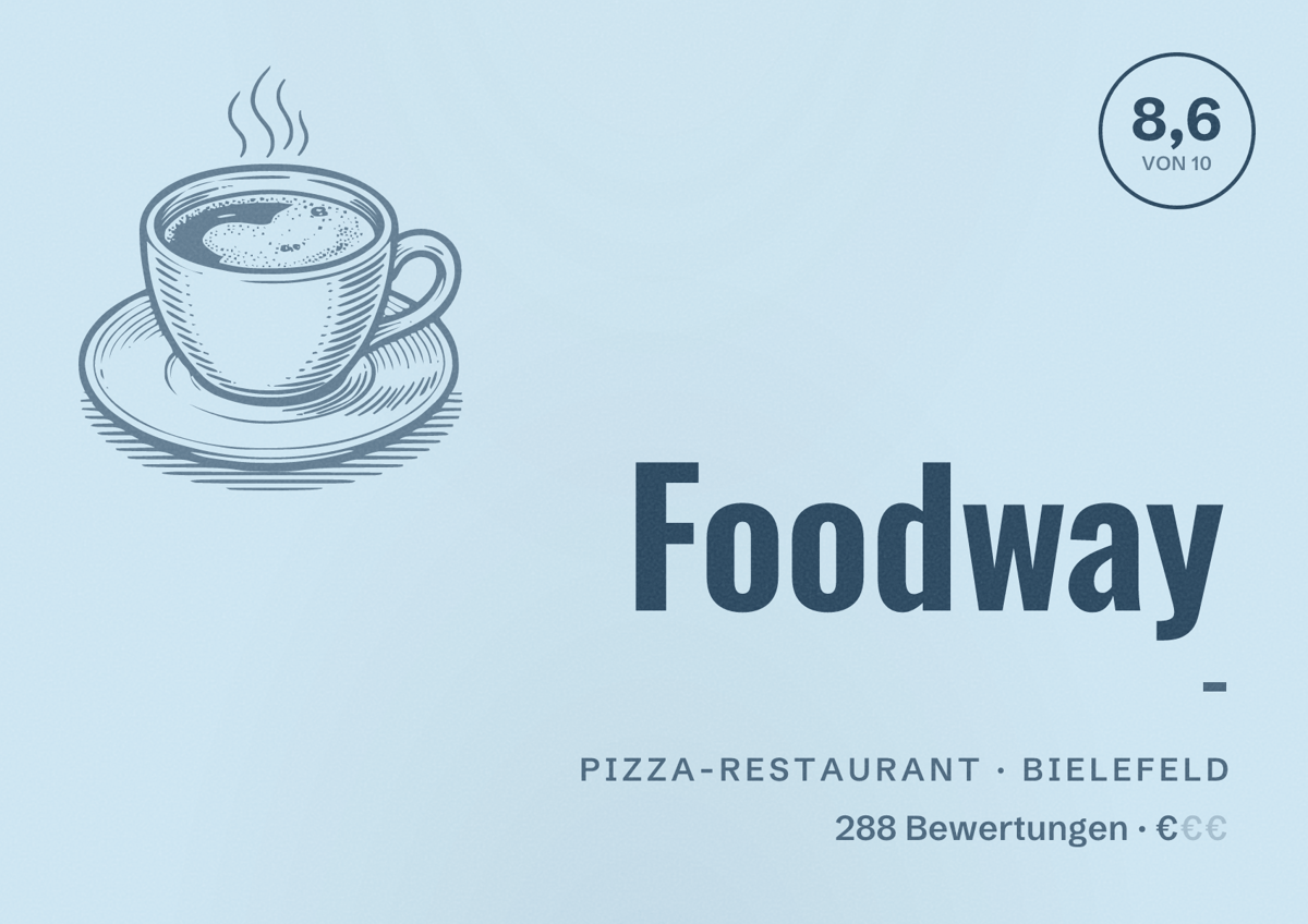 Illustriertes Poster von Foodway -, Pizza-Restaurant in Bielefeld: Bewertung 8,6 von 10 aus 288 Bewertungen, Preisniveau €