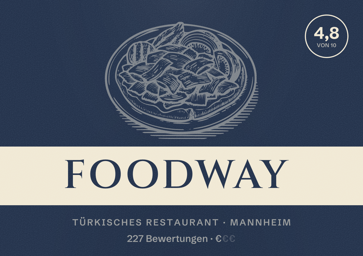 Illustriertes Poster von Foodway, Türkisches Restaurant in Mannheim: Bewertung 4,8 von 10 aus 227 Bewertungen, Preisniveau €