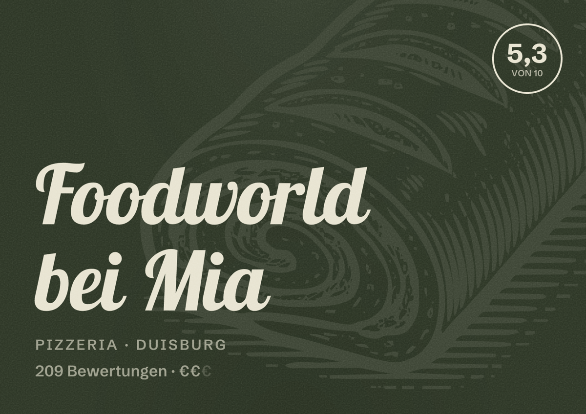 Illustriertes Poster von Foodworld bei Mia, Pizzeria in Duisburg: Bewertung 5,3 von 10 aus 209 Bewertungen, Preisniveau €€