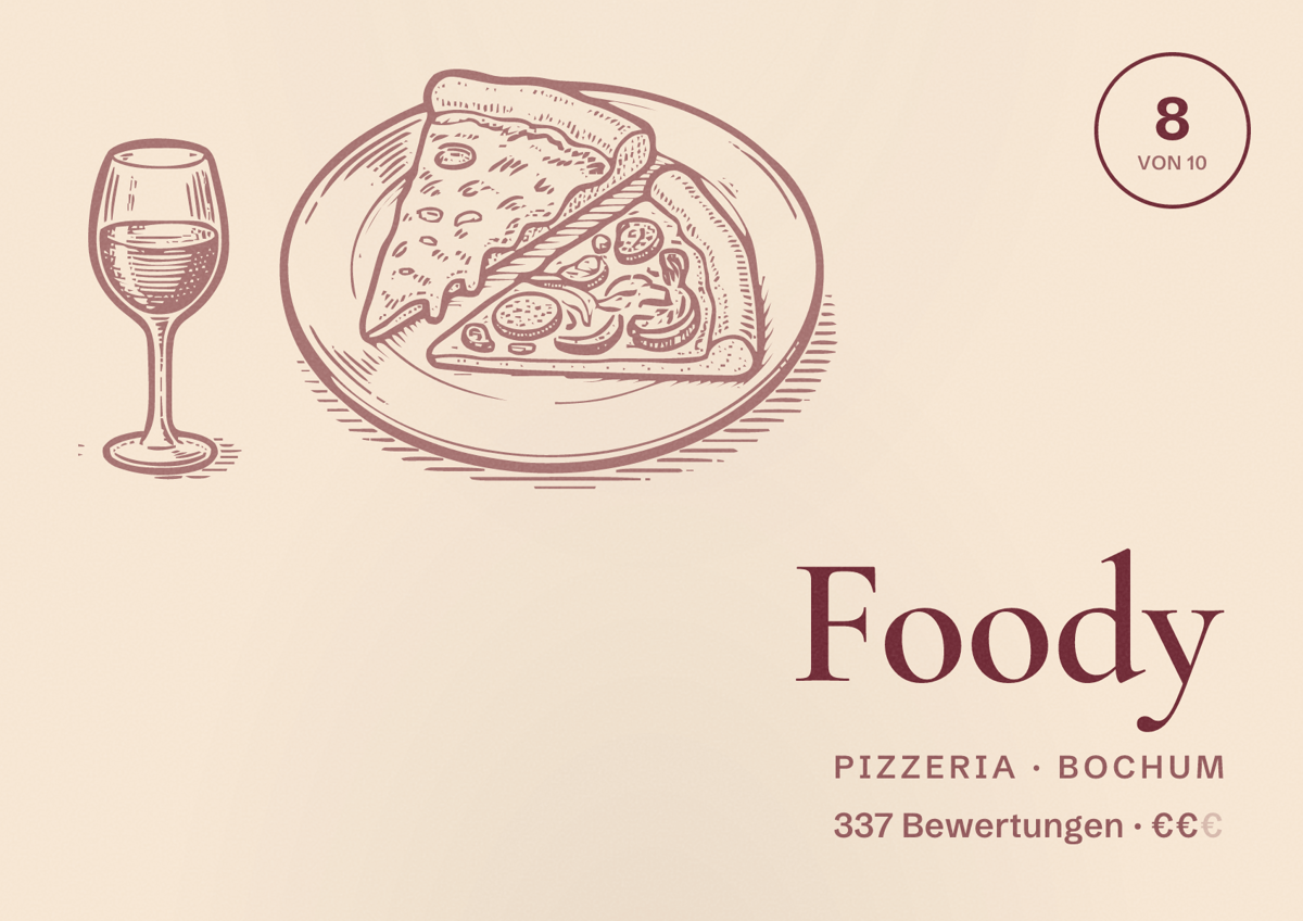 Illustriertes Poster von Foody, Pizzeria in Bochum: Bewertung 8,0 von 10 aus 337 Bewertungen, Preisniveau €€