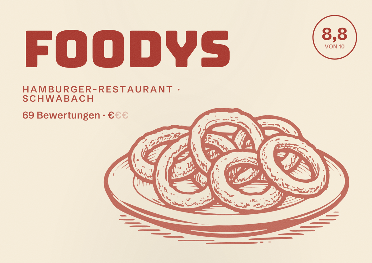 Illustriertes Poster von Foodys, Hamburger-Restaurant in Schwabach: Bewertung 8,8 von 10 aus 69 Bewertungen, Preisniveau €