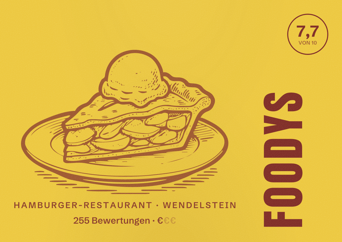 Illustriertes Poster von Foodys, Hamburger-Restaurant in Wendelstein: Bewertung 7,7 von 10 aus 255 Bewertungen, Preisniveau €