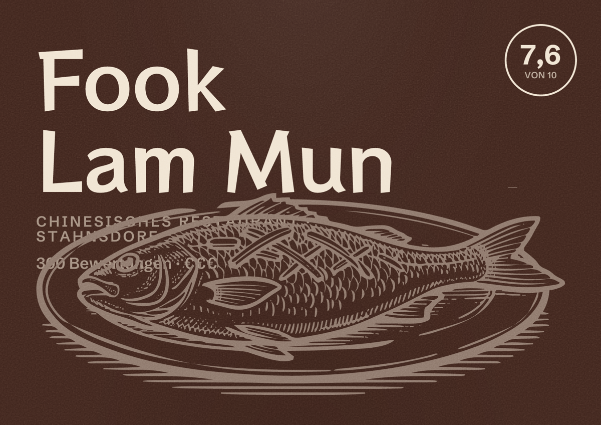 Illustriertes Poster von Fook Lam Mun, Chinesisches Restaurant in Stahnsdorf: Bewertung 7,6 von 10 aus 300 Bewertungen, Preisniveau €€€