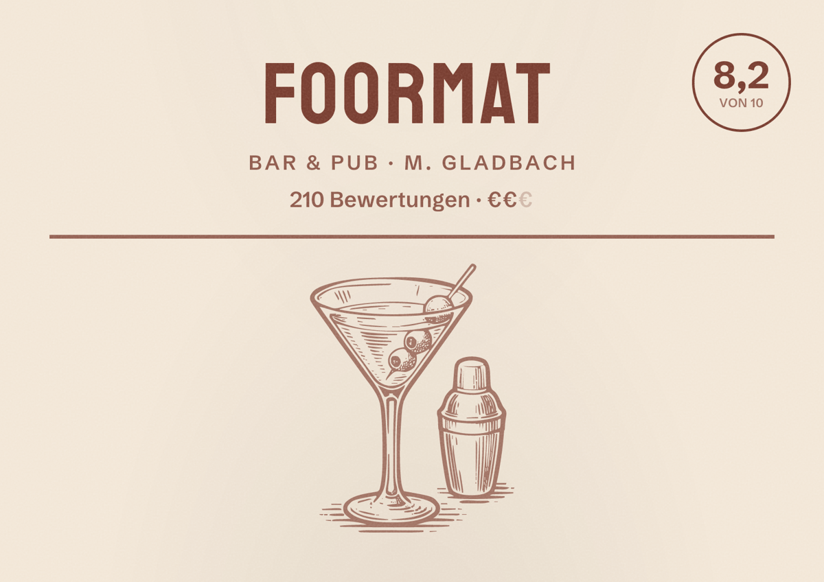Illustriertes Poster von Foormat, Bar & Pub in M. Gladbach: Bewertung 8,2 von 10 aus 210 Bewertungen, Preisniveau €€