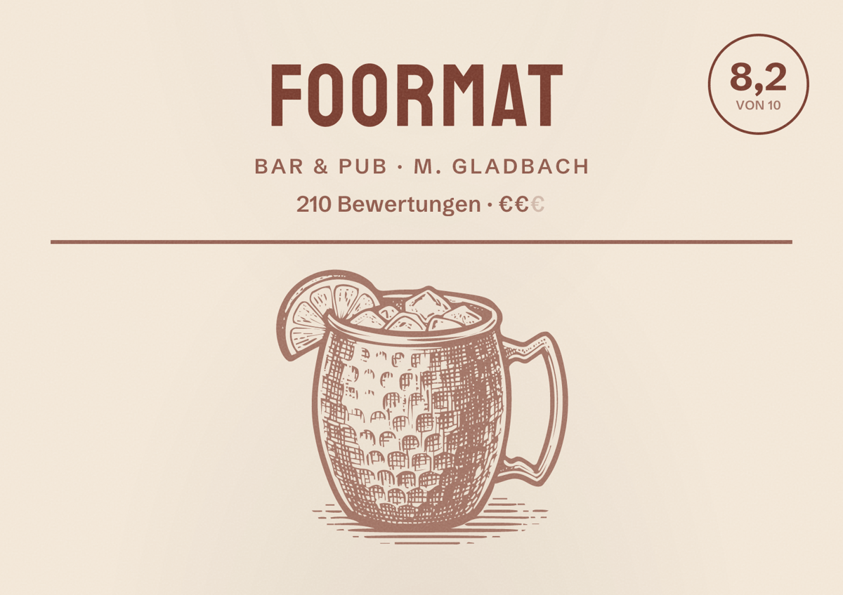 Illustriertes Poster von Foormat, Bar & Pub in M. Gladbach: Bewertung 8,2 von 10 aus 210 Bewertungen, Preisniveau €€