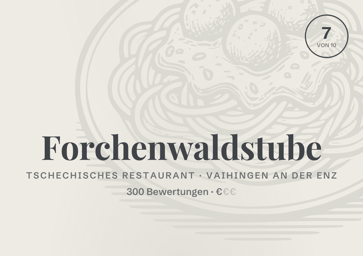 Illustriertes Poster von Forchenwaldstube, Tschechisches Restaurant in Vaihingen an der Enz: Bewertung 7 von 10 aus 300 Bewertungen, Preisniveau €