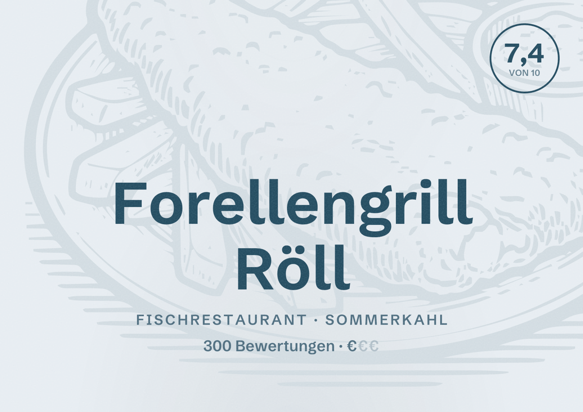 Illustriertes Poster von Forellengrill Röll, Fischrestaurant in Sommerkahl: Bewertung 7,4 von 10 aus 300 Bewertungen, Preisniveau €