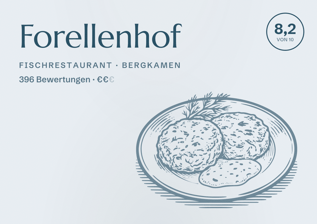 Illustriertes Poster von Forellenhof, Fischrestaurant in Bergkamen: Bewertung 8,2 von 10 aus 396 Bewertungen, Preisniveau €€