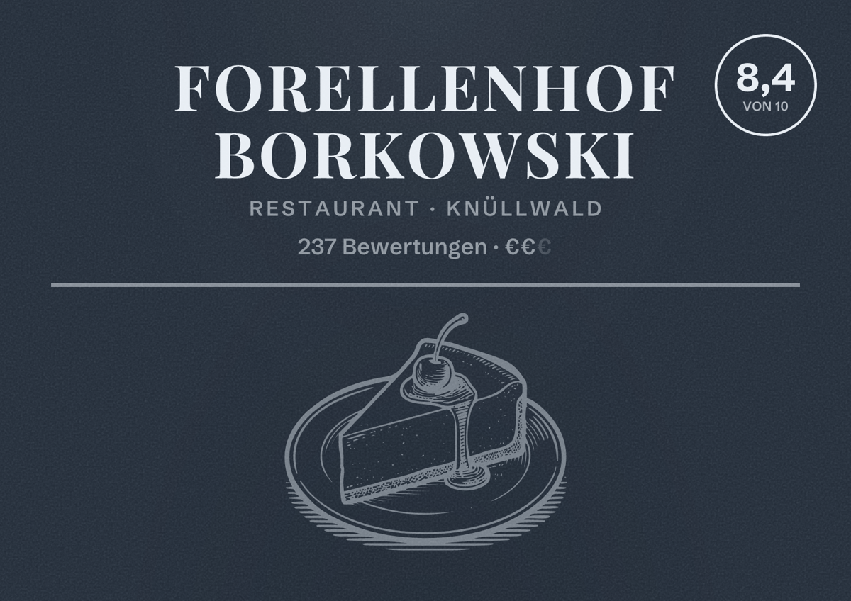 Illustriertes Poster von Forellenhof Borkowski, Restaurant in Knüllwald: Bewertung 8,4 von 10 aus 237 Bewertungen, Preisniveau €€