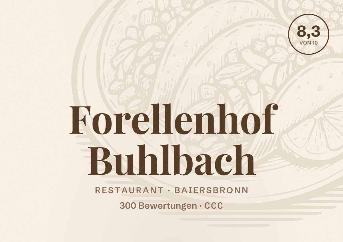 Illustriertes Poster von Forellenhof Buhlbach, Restaurant in Baiersbronn: Bewertung 8,3 von 10 aus 300 Bewertungen, Preisniveau €€€