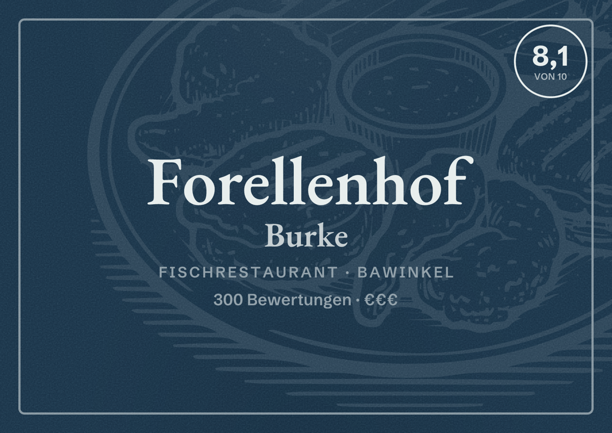 Illustriertes Poster von Forellenhof Burke, Fischrestaurant in Bawinkel: Bewertung 8,1 von 10 aus 300 Bewertungen, Preisniveau €€€