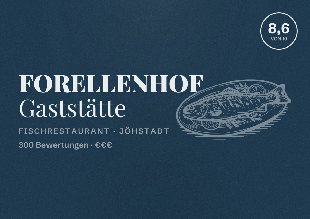 Illustriertes Poster von FORELLENHOF Gaststätte, Fischrestaurant in Jöhstadt: Bewertung 8,6 von 10 aus 300 Bewertungen, Preisniveau €€€