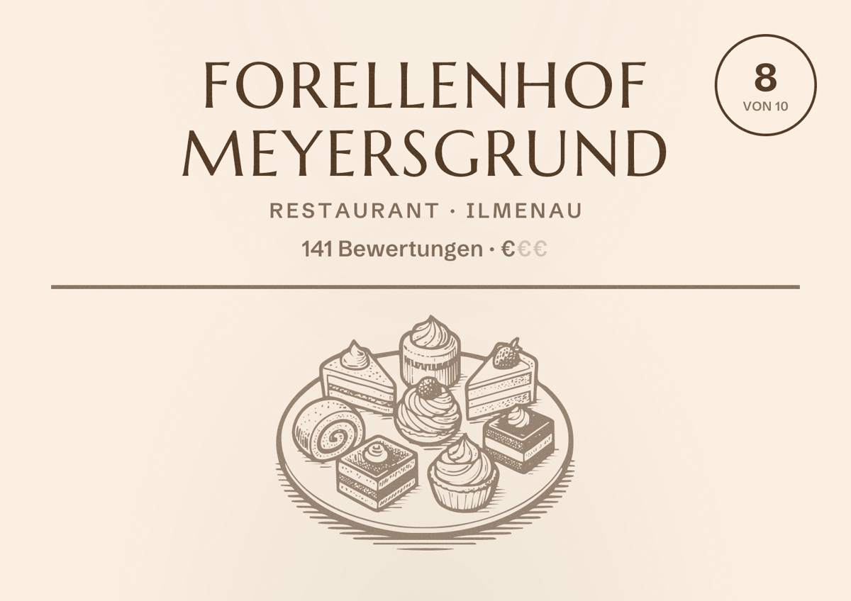 Illustriertes Poster von Forellenhof Meyersgrund, Restaurant in Ilmenau: Bewertung 8 von 10 aus 141 Bewertungen, Preisniveau €