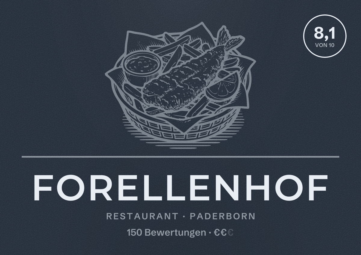 Illustriertes Poster von Forellenhof, Restaurant in Paderborn: Bewertung 8,1 von 10 aus 150 Bewertungen, Preisniveau €€