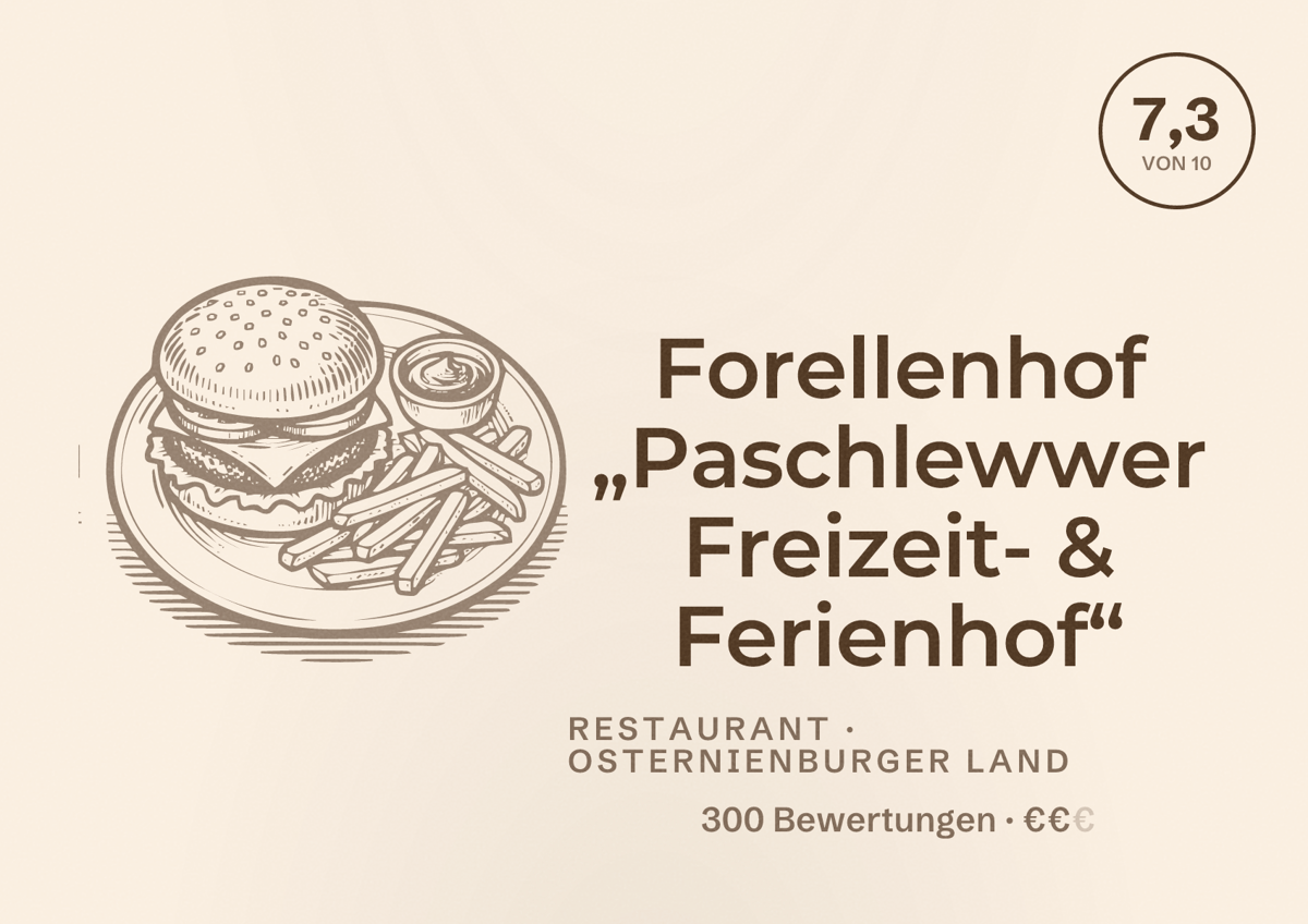 Illustriertes Poster von Forellenhof „Paschlewwer Freizeit- & Ferienhof“, Restaurant in Osternienburger Land: Bewertung 7,3 von 10 aus 300 Bewertungen, Preisniveau €€