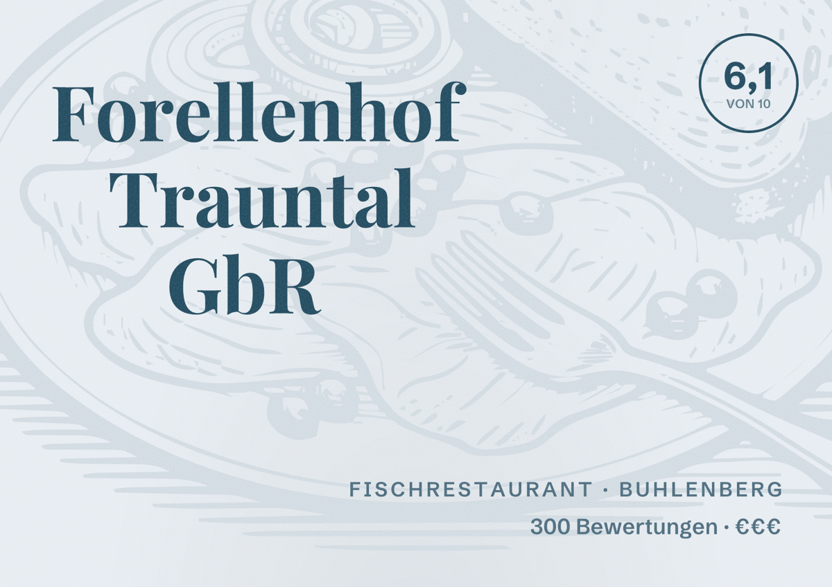 Illustriertes Poster von Forellenhof Trauntal GbR, Fischrestaurant in Buhlenberg: Bewertung 6,1 von 10 aus 300 Bewertungen, Preisniveau €€€