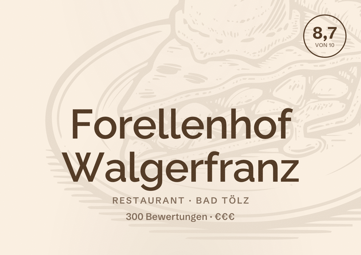 Illustriertes Poster von Forellenhof Walgerfranz, Restaurant in Bad Tölz: Bewertung 8,7 von 10 aus 300 Bewertungen, Preisniveau €€€