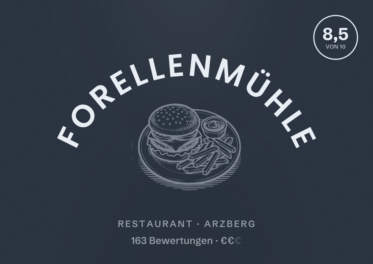Illustriertes Poster von Forellenmühle, Restaurant in Arzberg: Bewertung 8,5 von 10 aus 163 Bewertungen, Preisniveau €€