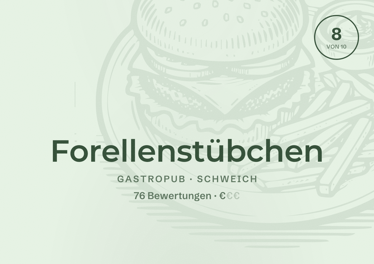 Illustriertes Poster von Forellenstübchen, Gastropub in Schweich: Bewertung 8 von 10 aus 76 Bewertungen, Preisniveau €