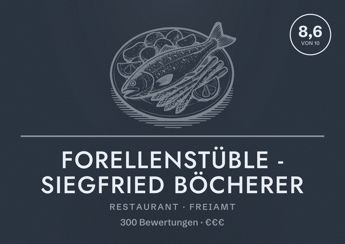 Illustriertes Poster von Forellenstüble - Siegfried Böcherer, Restaurant in Freiamt: Bewertung 8,6 von 10 aus 300 Bewertungen, Preisniveau €€€