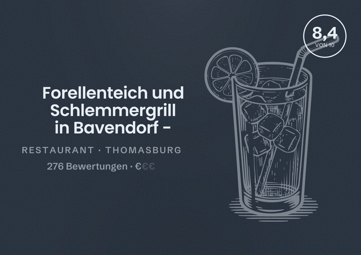 Illustriertes Poster von Forellenteich und Schlemmergrill in Bavendorf -, Restaurant in Thomasburg: Bewertung 8,4 von 10 aus 276 Bewertungen, Preisniveau €