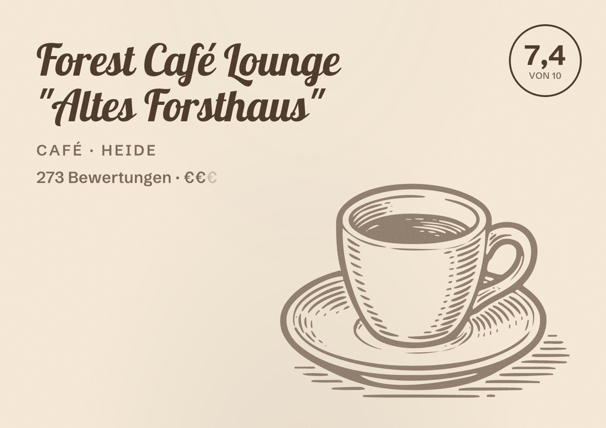 Illustriertes Poster von Forest Café Lounge "Altes Forsthaus", Café in Heide: Bewertung 7,4 von 10 aus 273 Bewertungen, Preisniveau €€