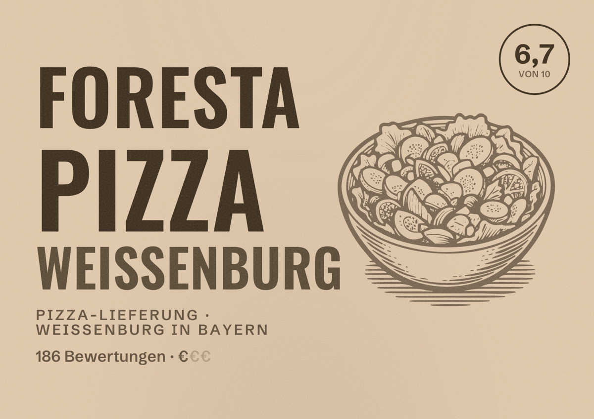 Illustriertes Poster von Foresta Pizza Weißenburg, Pizza-Lieferung in Weißenburg in Bayern: Bewertung 6,7 von 10 aus 186 Bewertungen, Preisniveau €