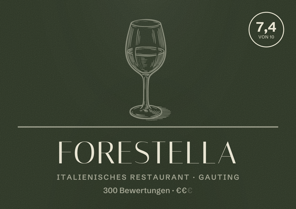 Illustriertes Poster von Forestella, Italienisches Restaurant in Gauting: Bewertung 7,4 von 10 aus 300 Bewertungen, Preisniveau €€