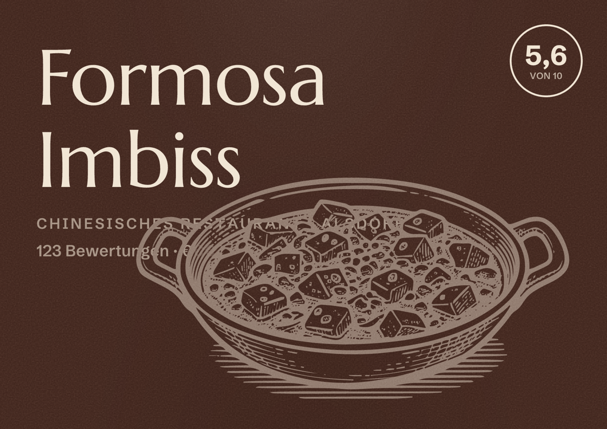 Illustriertes Poster von Formosa Imbiss, Chinesisches Restaurant in Alsdorf: Bewertung 5,6 von 10 aus 123 Bewertungen, Preisniveau €