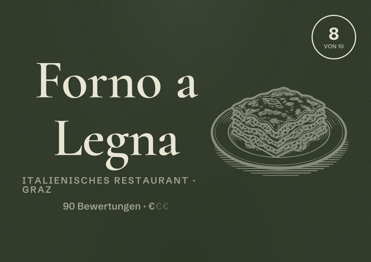 Illustriertes Poster von Forno a Legna, Italienisches Restaurant in Graz: Bewertung 8 von 10 aus 90 Bewertungen, Preisniveau €
