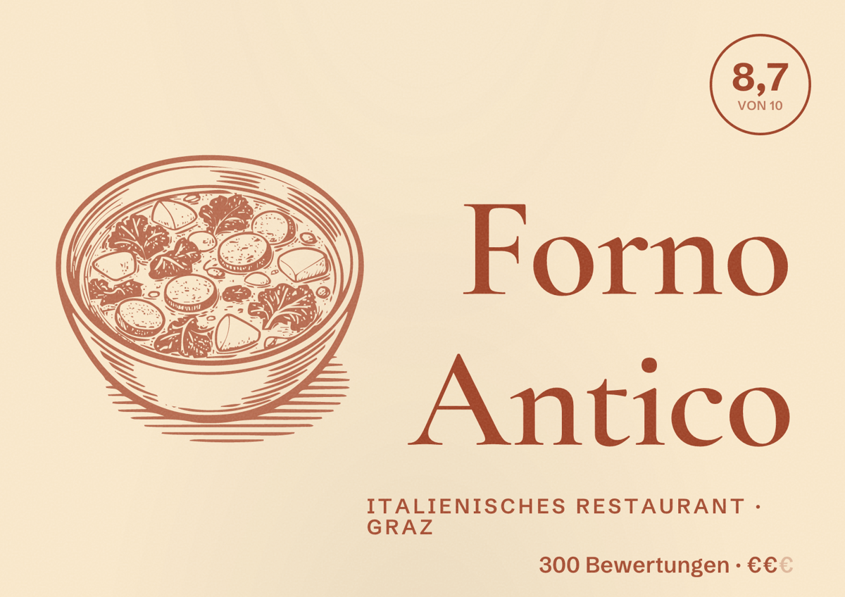 Illustriertes Poster von Forno Antico, Italienisches Restaurant in Graz: Bewertung 8,7 von 10 aus 300 Bewertungen, Preisniveau €€