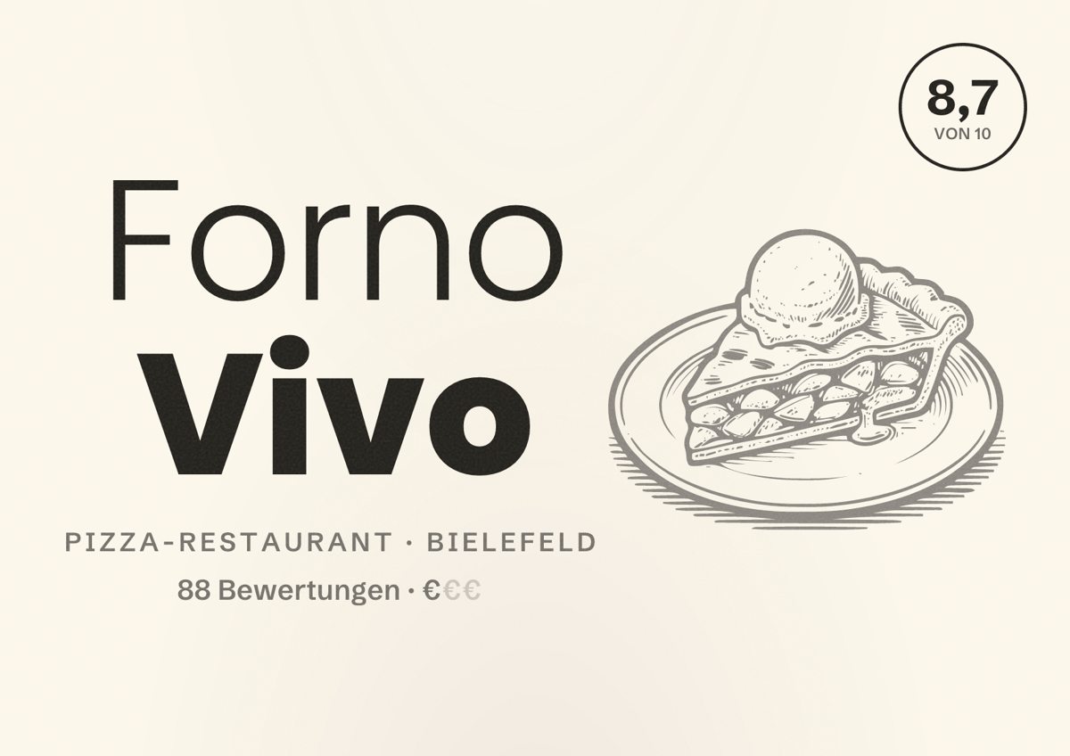 Illustriertes Poster von Forno Vivo, Pizza-Restaurant in Bielefeld: Bewertung 8,7 von 10 aus 88 Bewertungen, Preisniveau €