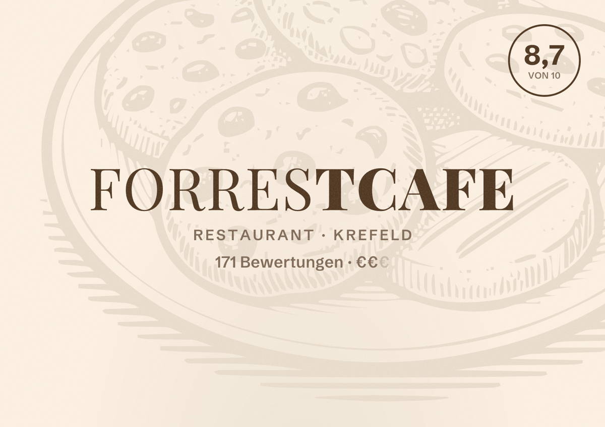 Illustriertes Poster von ForrestCafe, Restaurant in Krefeld: Bewertung 8,7 von 10 aus 171 Bewertungen, Preisniveau €€